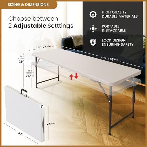 5.5 Feet ADJUSTABLE Foldable Table with Built in Handle & Steel Legs | 5.5FT Heavy Duty Folding Portable | Perfect for Party, Dining, Wedding, Events, Picnic Indoor, Outdoor, Camping, Utility, Folding - color: White, size: 5.5 FT