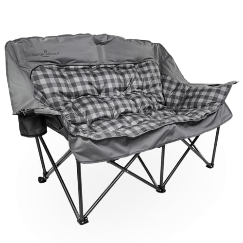 Black Sierra Double Loveseat Comfort Camping Couch, Oversized Folding Chair for Adults, 600‑lb Capacity, Plush Padded Heavy Duty Outdoor Seat with Cup Holders & Carry Bag for Beach, RV | Double loveseat - color: Grey