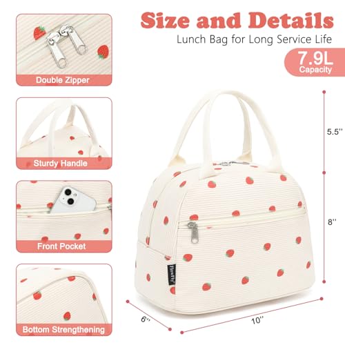 FlowFly Insulated Lunch Bag for Women – Corduroy Lunch Tote Box, Cute Cooler Bag for Work, Travel, Picnic, Corduroy Strawberries Beige - color: Corduroy Strawberries Beige