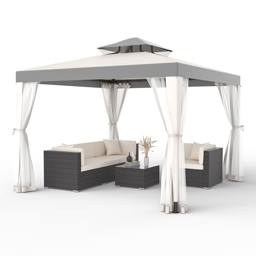 Gazebo, 10'x10' Patio Gazebo Outdoor Waterproof Canopy Tent UV-Resistant 2-Tier Top Sturdy Canopy Shelter Tent for Camping with Removable Netting for Garden Patio Backyard (Grey & White, 10' x 10') - color: Grey & White