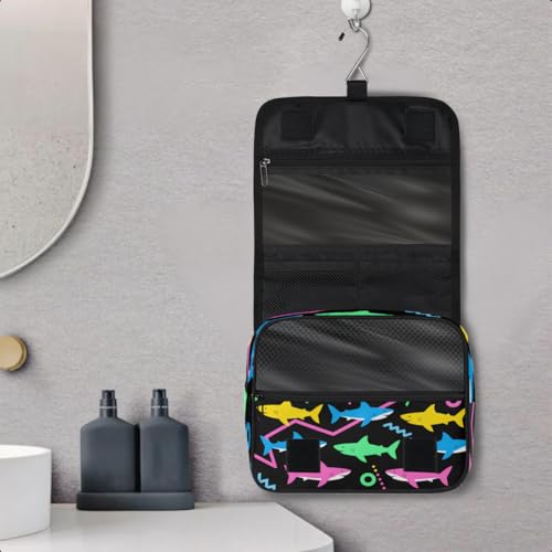 Art Colorful Shark Pattern Kids Toiletry Bag for Boys, Waterproof Travel Shaving Organizer with Hanging Hook, Portable Dopp Kit Cosmetic Bag for School Sports Camping Trips - color: Art Colorful Shark Pattern