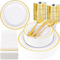 GATHER 350PCS Gold Plastic Plates - White and Gold Disposable Plastic Dinnerware Set Include 50 Dinner Plates, 50 Dessert Plate, 150 Silverware, 50 Napkins, 50 Cups for Party & Wedding - color: Gold, size: 50 Guests