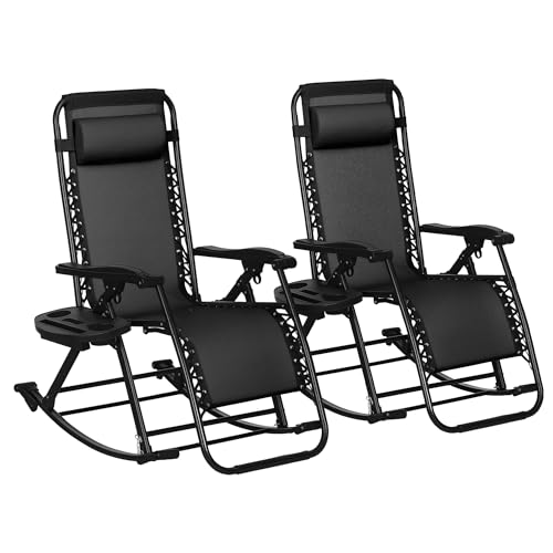 Outsunny Set of 2 Outdoor Rocking Chairs, Foldable Reclining Zero Gravity Lounge Rocker with Pillow, Cup & Phone Holder, Combo Design with Folding Legs, Black - color: Black, size: 2 Packs