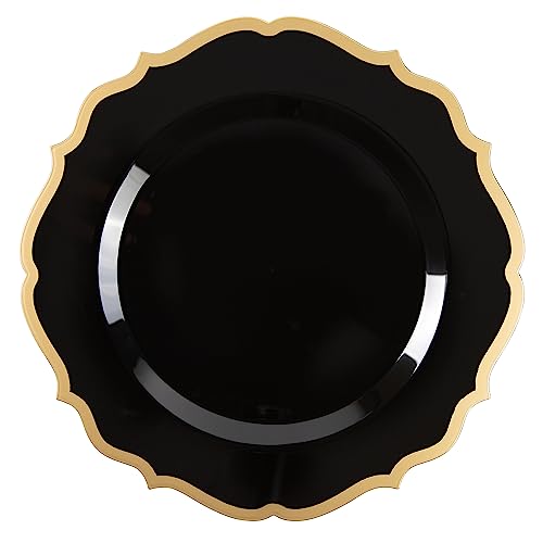 PLASTICPRO 32 Pack Elegant Disposable Plastic Plates Combo Set Includes 16 Dinner Plates and 16 Salad Plates Heavy Duty Fancy Party Plates Black & Gold Contemporary Design - color: Black & Gold Contemporary