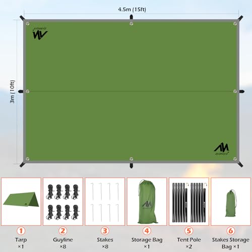 AYAMAYA Camping Tarp with Poles Heavy Duty, 10 x 15 FT Extra Large Waterproof Tarp Tent Awning, Hammock Rain Fly Sun Shelter for Camping, Beach, Picnic, Outdoor Activities