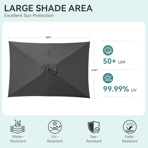 HASLE OUTFITTERS Rectangular Patio Umbrella, 6.5 x 10 ft Rectangle Table Umbrellas w/Heavy Duty Ribs, Effortless Crank and Push Button Tilt, Wind Resistant Sun Umbrella for Outdoor Patio, Gray - color: Gray
