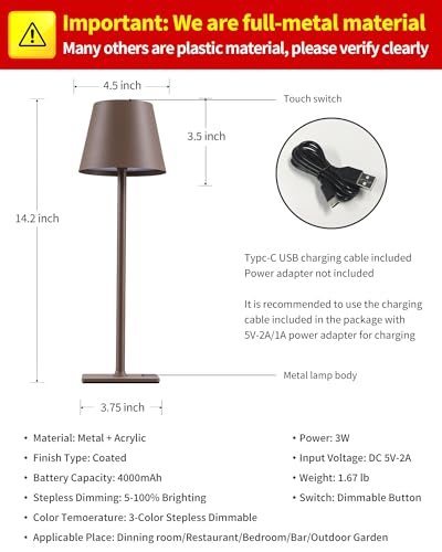 KDG 2 Pack Cordless Table Lamp,Portable LED Desk Lamp, 4000mAh Battery Operated, 3 Color Stepless Dimming Up, for Restaurant/Bedroom/Bars/Outdoor Party/Camping/Coffee Shop Night Light(Brown) - color: Brown-2