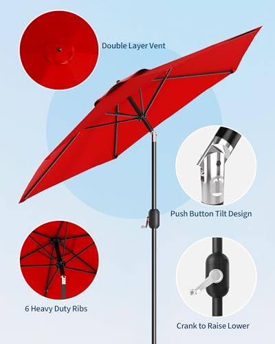 GarveeLife Outdoor Patio Umbrella, Table Market Umbrella with Push Button Tilt and Crank, 8 Sturdy Ribs UV Protection Waterproof for Garden, Deck, Backyard, Pool - color: Light Red, size: 7.5FT