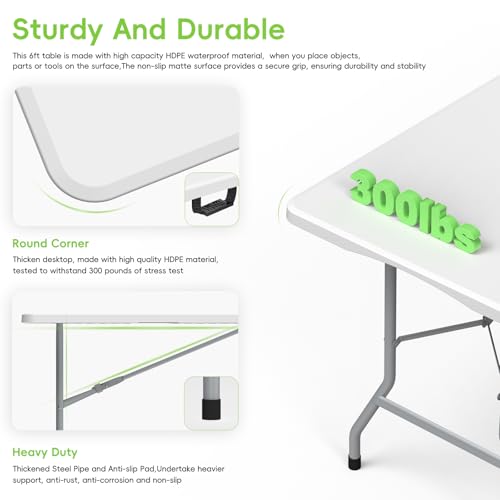 HLPB Folding Table - 2 Pcs, 6 ft Portable Camping Table with Handle and Safety Locks, Foldable Plastic Dining Table for Indoor/Outdoor Use, Perfect for Picnics and Parties