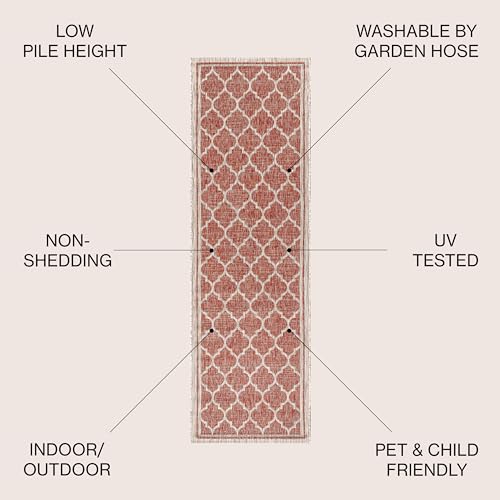 JONATHAN Y Moroccan Trellis Indoor Outdoor Runner Rug 2X20 Red/Beige, Trebol Textured Weave for Backyard, Patio, Porch, Easy-Cleaning, High Traffic, Pet-Friendly, Non-Shedding (SMB109C-220) - color: Red/Beige, size: 2'2" x 20' (Runner)