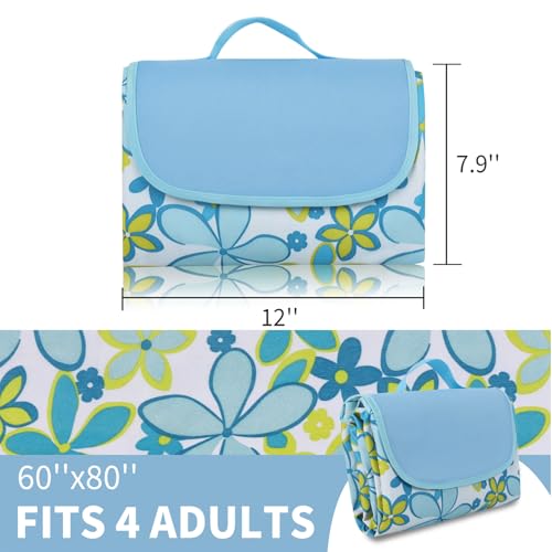 Hi Space Picnic Outdoor Blankets Waterproof Sandproof Foldable Picnic Mat Extra Large Beach Blankets for Grass Lawn Park Camping Family Concert, Blue Floral, 80"x60" - color: Blue-floral