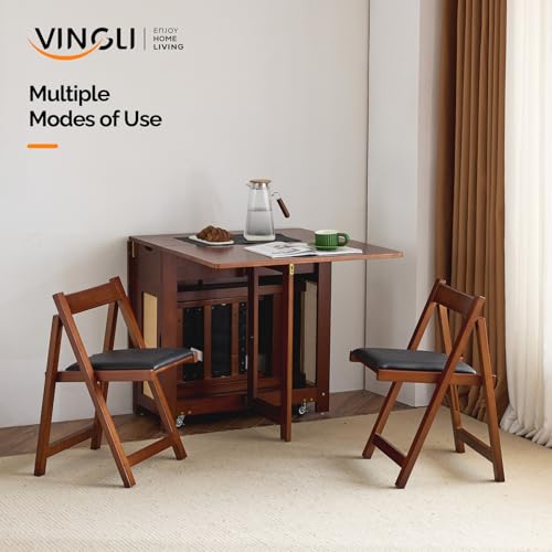VINGLI 5-Piece Folding Dining Table Set, Extendable Drop Leaf Solid Wood Table with 4 Chairs, Drawers & Wheels, Space-Saving Design for Kitchen, Walnut - color: Walnut