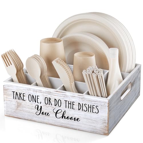 ALELION Rustic White Plate and Utensil Caddy, 6-Compartment Paper Plate and Cutlery Holder with Handles, Kitchen and Party Organizer for BBQs, Picnics, and Gatherings - style: White