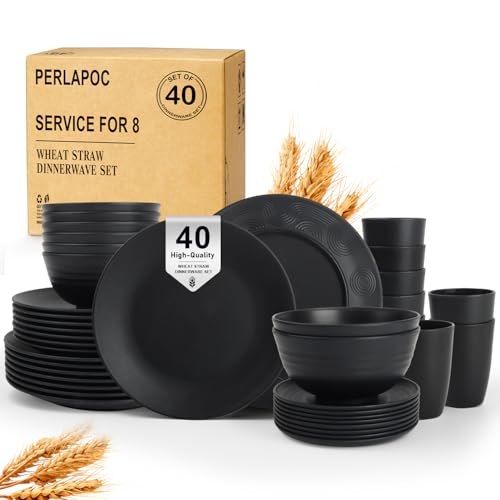 Kitchen Wheat Straw Dinnerware Set 40 PCS Dishes Sets for 8 Plastic Plates Reusable Dinner Plates Cereal Bowls Small Cups Dishwasher & Microwave Safe Unbreakable Dish Set for Picnic RV-Black - color: Black, size: 40 PCS