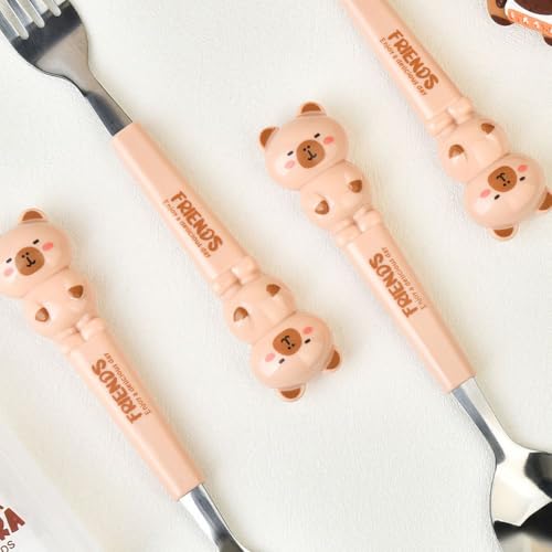 Capybara Spoon and Fork Set, Camping Utensils Cartoon Capybara Kids Dinnerware Student School Ladle Cutlery Portable Children Tableware
