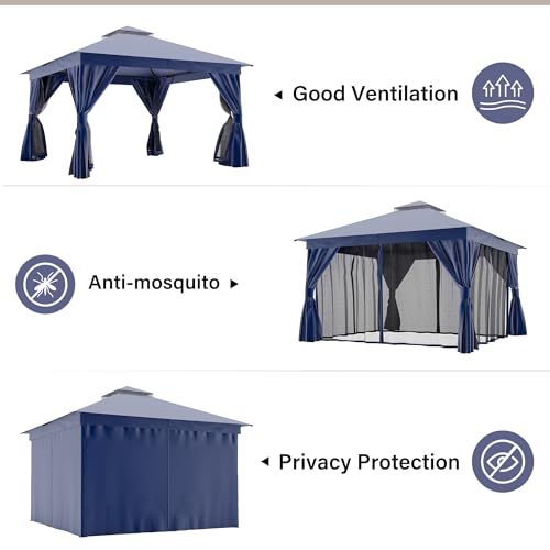 LAUSAINT HOME 12'x12' Outdoor Gazebo, Metal Frame Heavy Duty Patio Canopy Tent Shelter with Double Roofs, Mosquito Nettings and Privacy Screens for Backyard, Garden, Lawn, Navy Blue - color: Navy Blue, size: 12'x12'