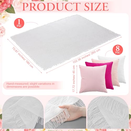 Moukeren 10 Pcs 71''x102'' Extra Large White Outdoor Boho Picnic Blanket with Pink Table Runner 8 Throw Pillow Cover Oversized Washable Portable Beach Blanket for Valentine Picnic Camp Lawn Wedding - color: Pink