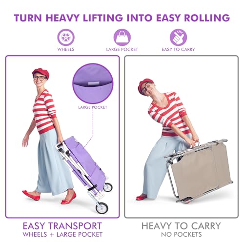 Wheel-To-Go Tanning Chair with Wheels Sun Canopy Umbrella Face Hole Thicker Washable Adjustable, Heavy Duty Folding Lay Flat Sun Lounge Chair Beach Outside Sunbathing Reading, UPF 50+ (Patent Design) - color: Purple, style: Standard Size + Sun Canopy Styl