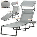 Outdoor Chaise Lounge Chair with 4-Position Adjustable Backrest,Patio Folding Sun Tanning Chair,Pillow & Cup Holder,Portable Recliner Sunbathing Lounger Chairs for Beach Garden (Grey with Shade) - color: Grey With Shade