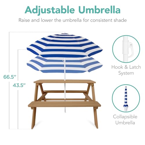 Best Choice Products Wooden Kids Picnic Table with Umbrella, Outdoor Activity Table Set with Built-in Benches, 220 lb Capacity per Bench - Natural/Navy - color: Natural/Navy