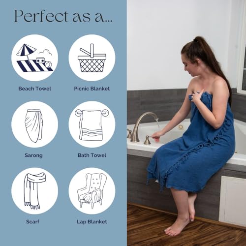 InfuseZen Stonewashed Turkish Bath & Beach Towel –100% Organic Turkish Cotton - Soft, Lightweight, Absorbent - Quick Dry, Sand Free - Swim, Pool, Shower, Travel - Peshtemal, Hammam Spa Towel - Blue - color: Blue