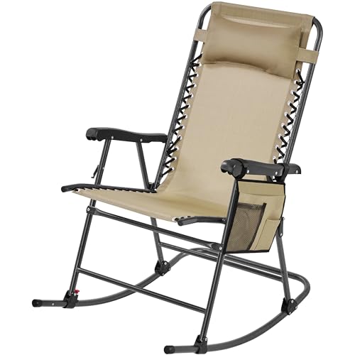 Yaheetech 26in Rocking Chair Outdoor Zero Gravity Folding Chairs Rocking Chairs Foldable Outdoor Reclining Lounge Chair for Outside Lawn with Cupholder/Pillow Ergonomic Design for Rest, Beige - color: Beige, size: 1 Pcs