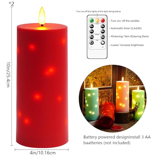 kakoya 10" x 4" Large Outdoor Waterproof Flickering Flameless Candles with Timer,2Pcs Battery Operated LED Pillar Candles with Embedded Star String for Outdoor Lanterns,Porch,Patio Decor(red) - color: Red, size: 2PCS-D4"xH10"