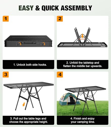 Raynesys Foldable Grill Table with Mesh Desktop, 200lbs 4Ft Portable Folding Table, Height Adjustable Metal Table for Ourdoor, Camping, Picnic, BBQ and Beach, RV, 47.24" L x 23.62" W - size: XL(4Ft-47.24" x 23.62" x 17.32"/24.41"/29.53")
