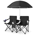 COSTWAY Double Portable Picnic Chairs, Folding Camping Chairs w/Detachable Umbrella, Cooler Bag, Cup Holders, Patio Beach Camping Chairs for Outdoors - color: Black