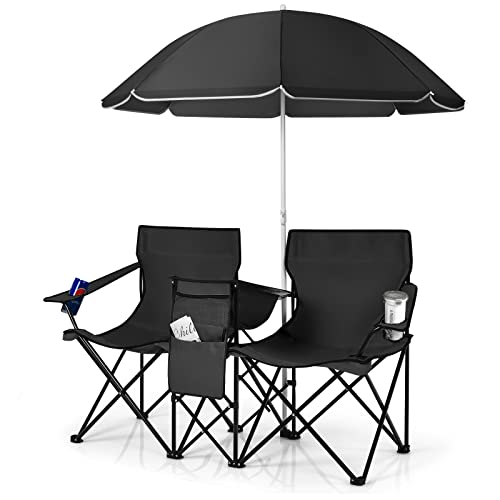 COSTWAY Double Portable Picnic Chairs, Folding Camping Chairs w/Detachable Umbrella, Cooler Bag, Cup Holders, Patio Beach Camping Chairs for Outdoors - color: Black