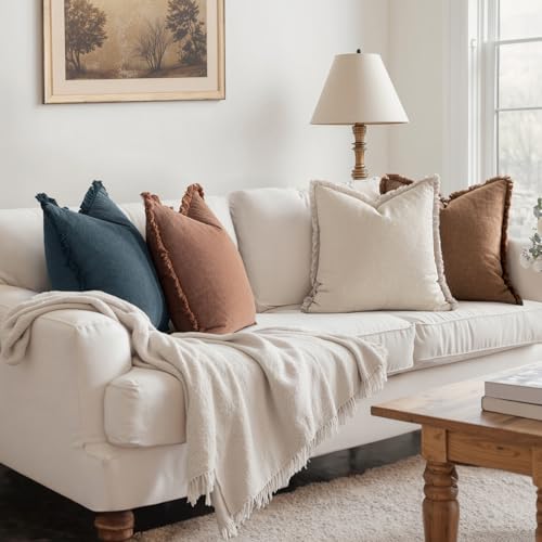 MIULEE Decorative Couch Pillow Covers Neutral Linen Fringe Throw Pillows Set of 4 Modern Rustic Cushions Boho Farmhouse Pillowcases for Bed Sofa Living Room Spring Decor 20x20 Inch Beige/Brown/Blue - color: Blue Brown, size: 20" x 20" (Pack of 4)