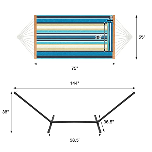 Homgava Two Person Hammock with Stand for Outside Heavy Duty, Outdoor Patio Hammock with Portable Steel Stand, Large Double Hammocks,480lbs Capacity.(Middle Blue Stripes) - color: Middle Blue Stripes