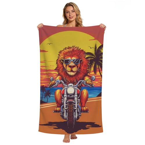 Lion Beach Towel, Funny Lion Riding A Motorcycle Towel for Boys Kids Adults, Quick Dry Microfiber Animal Palm Tree Orange Sunset Towels for Swim Pool Bathroom Travel, Oversized 32x52 - color: Lion