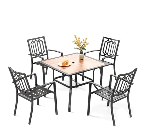 PHI VILLA 5 Piece Outdoor Dining Set for 4, 37" Square Metal Table with Polywood Top & Stacking Wrought Iron Chairs, Outside Furniture for Patio, Deck, Yard, Porch - color: Hexagon Back Chair, size: 5PCS-37" Wood Top Table