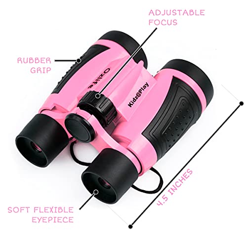 Adventure Kidz - Outdoor Exploration Kit, Children’s Toy Binoculars with Case, Flashlight, Compass, Fox Whistle, Magnifying Glass, Backpack. Great Gift Set for STEM, Pretend Play - color: Pink