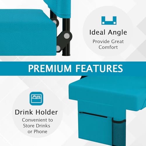 2pcs Stadium Seat for Bleachers with Back Support，Portable Bleacher Chairs with Back and Cushion，Includes Shoulder Strap and Cup Holder - color: Cyan,2 Pack