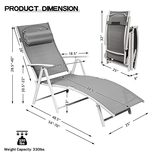 Giantex Chaise Lounge Chair for Outside, Pool Folding Reclining Beach Chair W/Removable Cushion&Headrest Pillow, Outdoor Lounge Chaise w/ 7 Backrest Positions, Portable Patio Lounger (1, Grey) - color: Grey