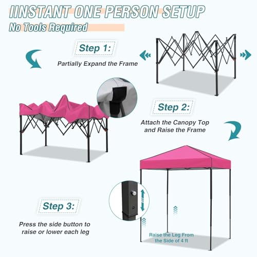 EAGLE PEAK 6x4 Instant Pop Up Canopy Tent, Straight Leg Sun Shelter, Portable Canopy with Carry Bag for Camping, Beach & Sports, Pink - color: Pink, size: No Wall