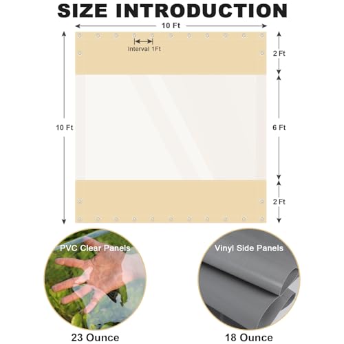 Clear Vinyl Curtains for Patio Enclosure, 23oz Heavy Duty Waterproof Anti-UV and Tear-Resistant Tarpaulin with Grommets, Weatherproof Panels for Porch, Pergola, Gazebo, Balcony, Outdoor - color: Khaki, size: 10'H X 10'W