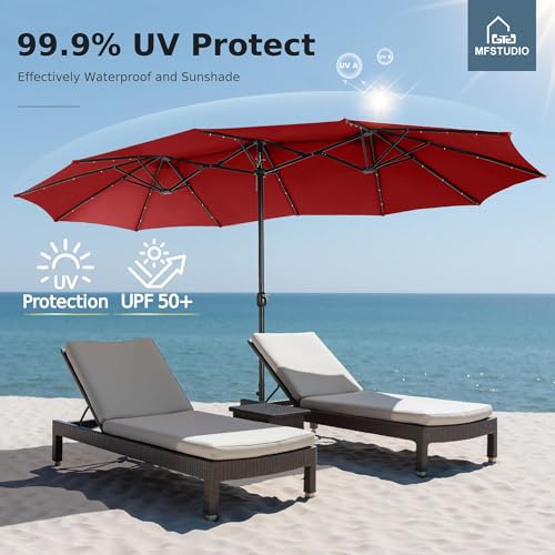 MFSTUDIO 15ft Patio Umbrella with Solar Lights, Outdoor Large Rectangular Umbrellas with Base, Crank Handle and 36 LED Lights for Yard Deck Pool, Burgundy Red - color: Burgundy Red
