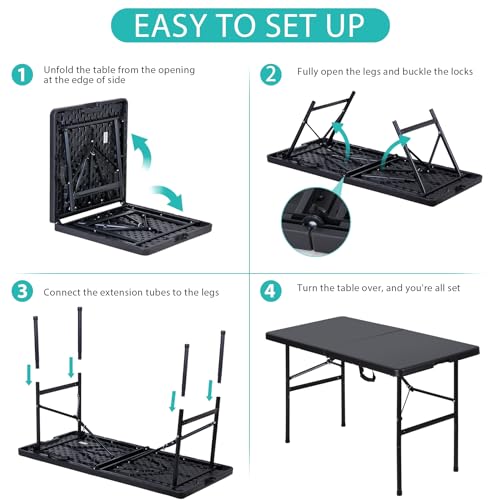 ZENY 4ft Portable Folding Table Plastic Indoor Outdoor Picnic Party Camp Dining Table with Handle, Black - color: Black, size: 48" x 24"
