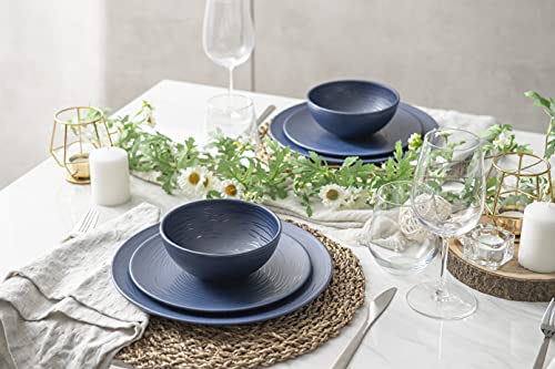 Bzyoo 12 Piece Melamine Dinnerware Set - Durable, Dishwasher Safe, Organica Navy Blue Plates and Bowls Sets Casual Dish Set for Dining, Outdoor and Kitchen - color: French Navy Blue