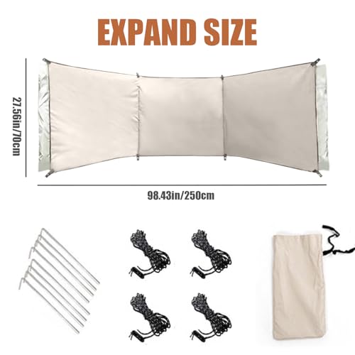 Wind Blocker Wind Screen 98x28in Foldable Wind Blocker 210D Silver Coating Camping Windbreaks with Grommet 3 Panel Wind Screen for Outdoor Beach Lawn Privacy