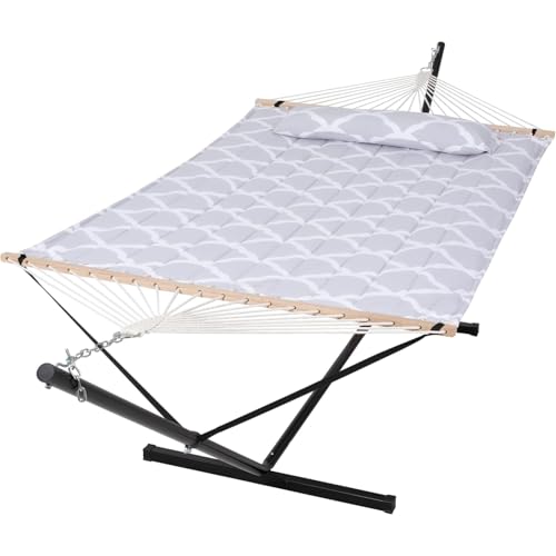 SUNCREAT Double Hammock, Extra Large Quilted Fabric Swing with Hardwood Spreader Bars & Detachable Pillow, Heavy Duty, Perfect for Indoor/Outdoor Patio, Deck, Yard, Gray Cloud - color: Light Gray&white, size: 12 ft Stand
