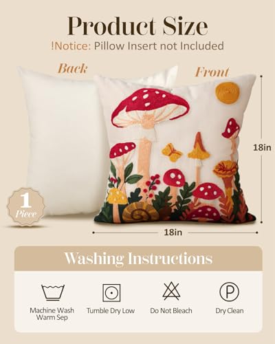 Embroidered Throw Pillow Cover 18x18 Inch - Spring Summer Boho Decorative Pillow Cover with Zipper for Living Room Couch Sofa Bed Aesthetic Design Mushroom Moon Cushion Pillowcase - color: Mushroom Moon, size: 18" x 18" (Pack of 1)