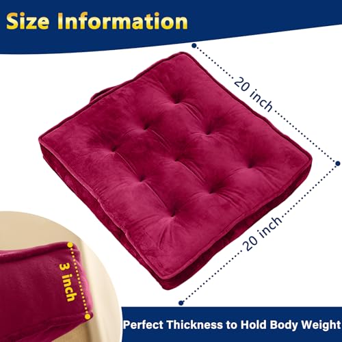 1 MIDDLE ONE Floor Pillow Set of 2, Memory Foam Meditation Cushion, Floor Cushions for Adults Sitting, Large Square Seat Cushions for Yoga, Living Room, 20x20 Inch (Burgundy) - color: Burgundy, size: 20x20 Inch(Pack of 2)