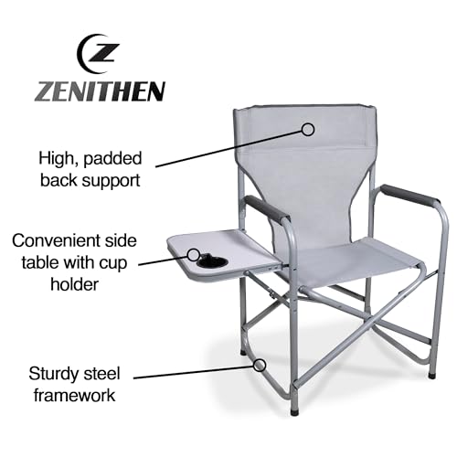 Zenithen Portable Outdoor Director's Folding Chair with Side Table Perfect for Sporting Events, Outdoor Activities, Camping, Patio Furniture, and Relaxing, Light Grey - color: Silver