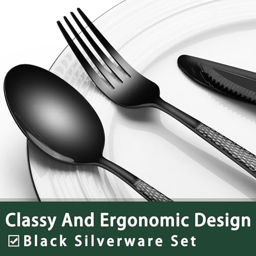 EWFEN 24-Piece Black Silverware Set with Steak Knives, Black Flatware Set for 4, Food-Grade Stainless Steel Tableware Cutlery Set, Mirror Finished Utensil Sets for Home Restaurant, Round Hammered - style: Round Hammered