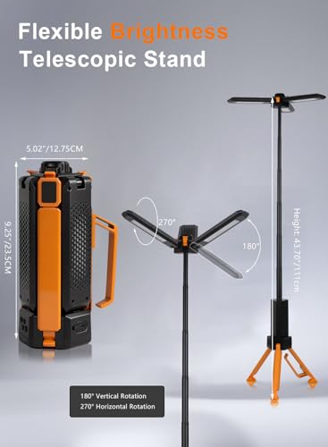 15000mAh Rechargeable Telescopic Camping Light, Portable Flashlight & Lantern with Reinforced Tripod Base, Height Adjustable Dimmable Tent Light, Power Bank for Outdoor BBQ, Hiking, Job Site, Orange - color: Orange