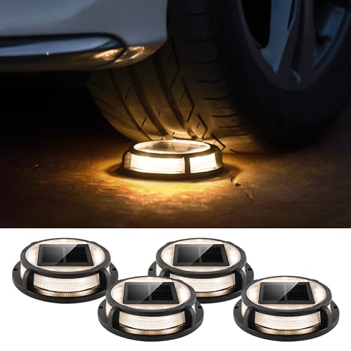 LUTEC 4 Pack Solar Driveway Lights, 12 LEDs IP67 Waterproof Outdoor Solar Dock Driveway Marker Lights for Step, Sidewalk, Pathway, Patio, Garden(Warm White) - color: Black, size: 4 Pack